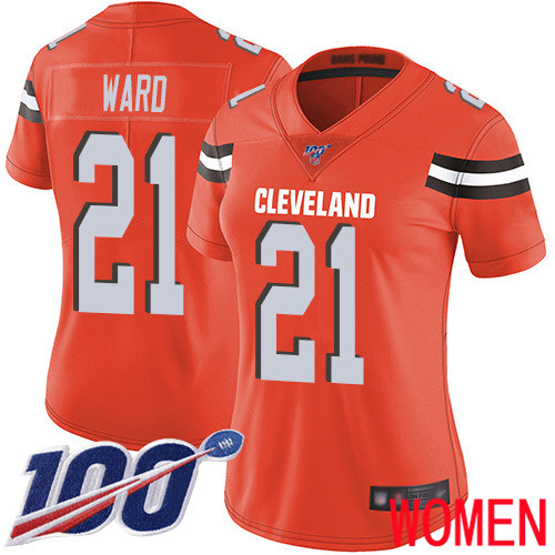 Cleveland Browns Denzel Ward Women Orange Limited Jersey 21 NFL Football Alternate 100th Season Vapor Untouchable
